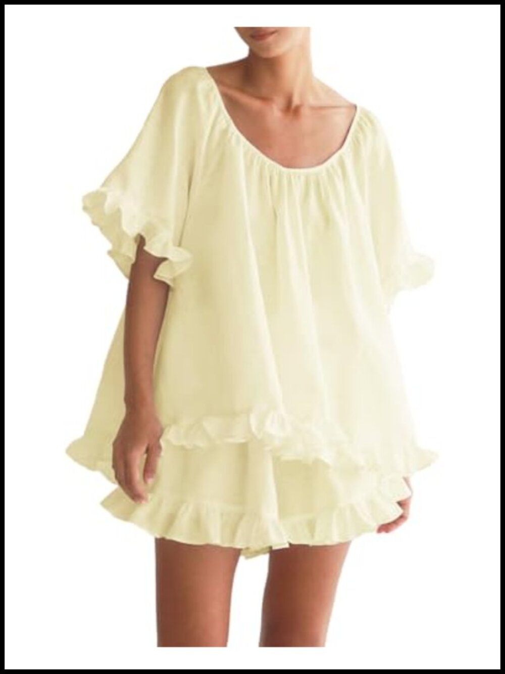 Womens 2 Piece Cotton Pajama Set Ruffle Short Sleeve Top & Shorts Loungewear
